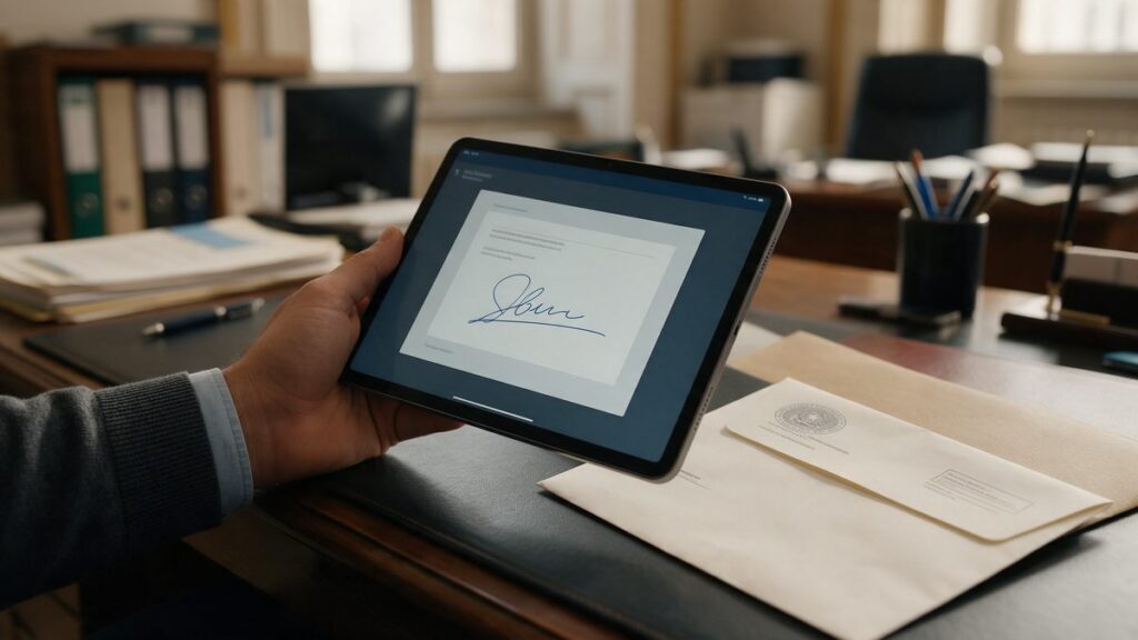 Ricevuta di posta certificata aperta su un tablet accanto a una busta cartacea