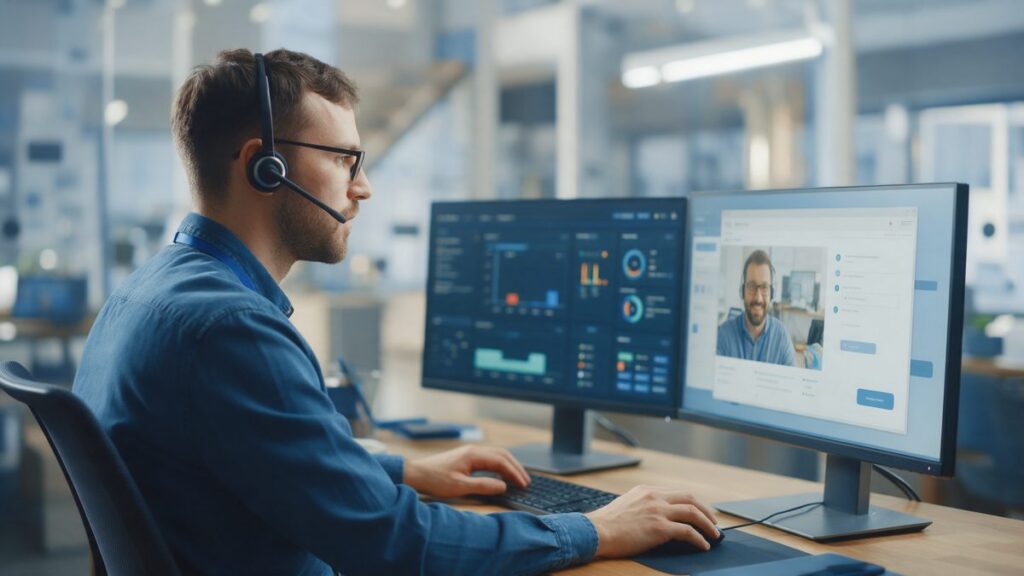Tecnico informatico che segue i sistemi di un cliente in assistenza da remoto
