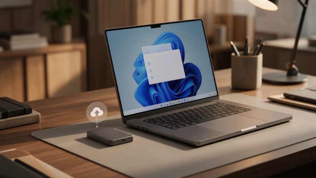 Computer portatile aziendale con unita di backup collegata sulla scrivania