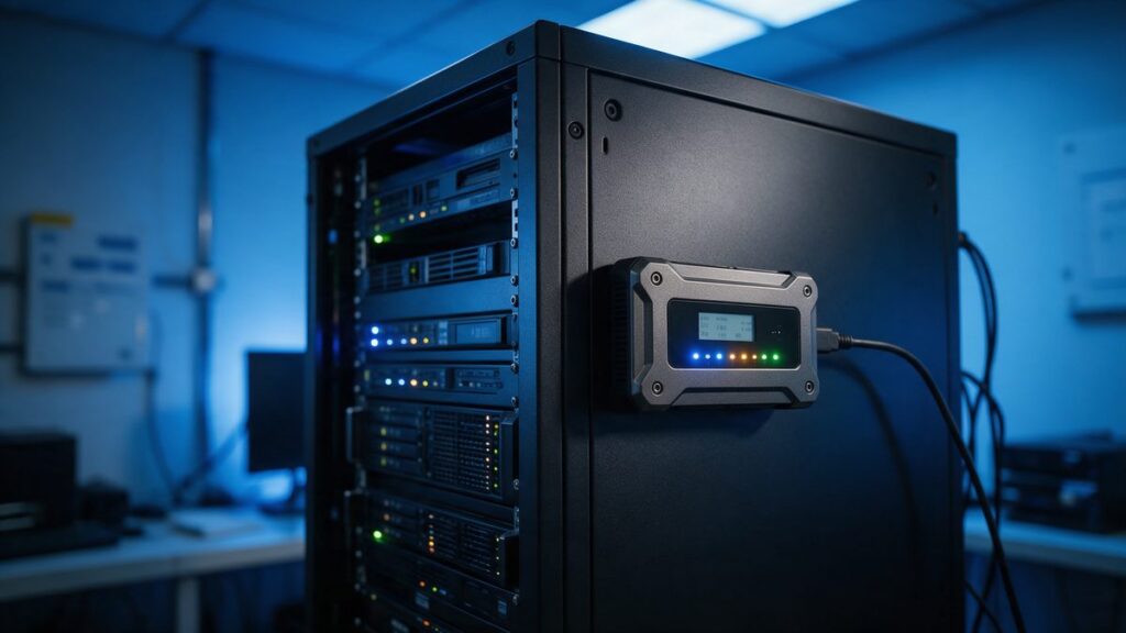 Server aziendale con unita' di backup e spie di stato accese