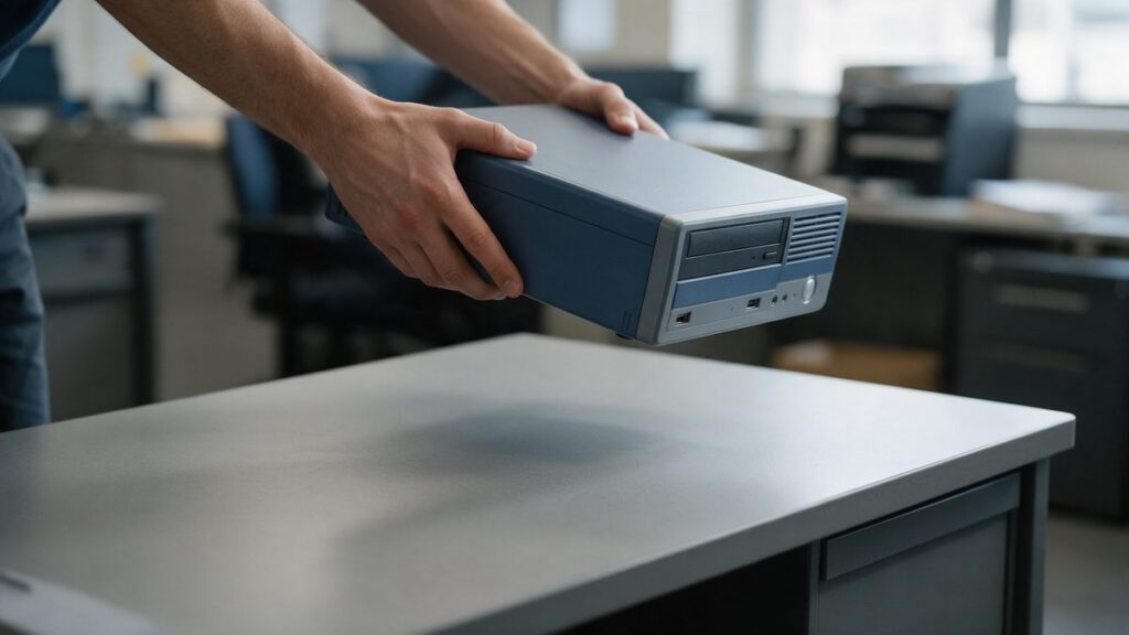 Postazione di lavoro in fase di passaggio di consegne, computer sulla scrivania