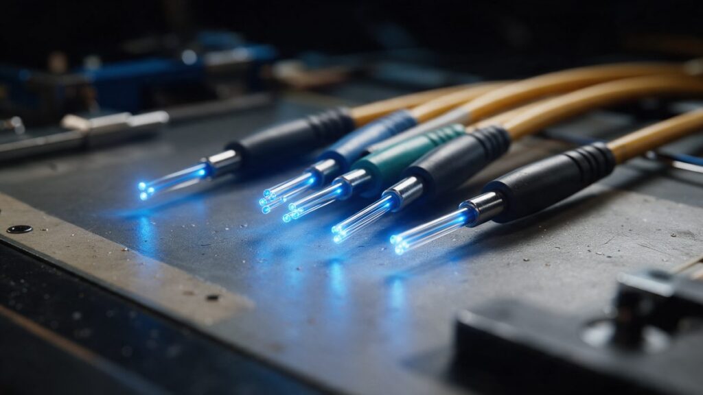 Cavi in fibra ottica illuminati sul banco di lavoro di un tecnico
