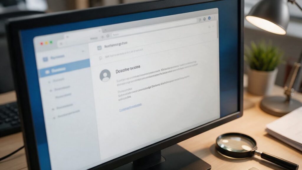 Email aperta sullo schermo di un computer accanto a una lente di ingrandimento