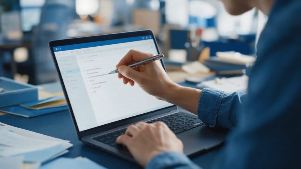 Persona che scrive una email a piu' destinatari dal computer dell'ufficio