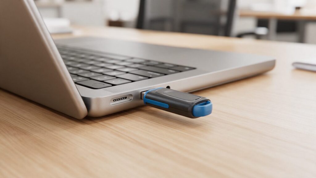 Chiavetta USB collegata a un computer portatile per salvare una copia delle email