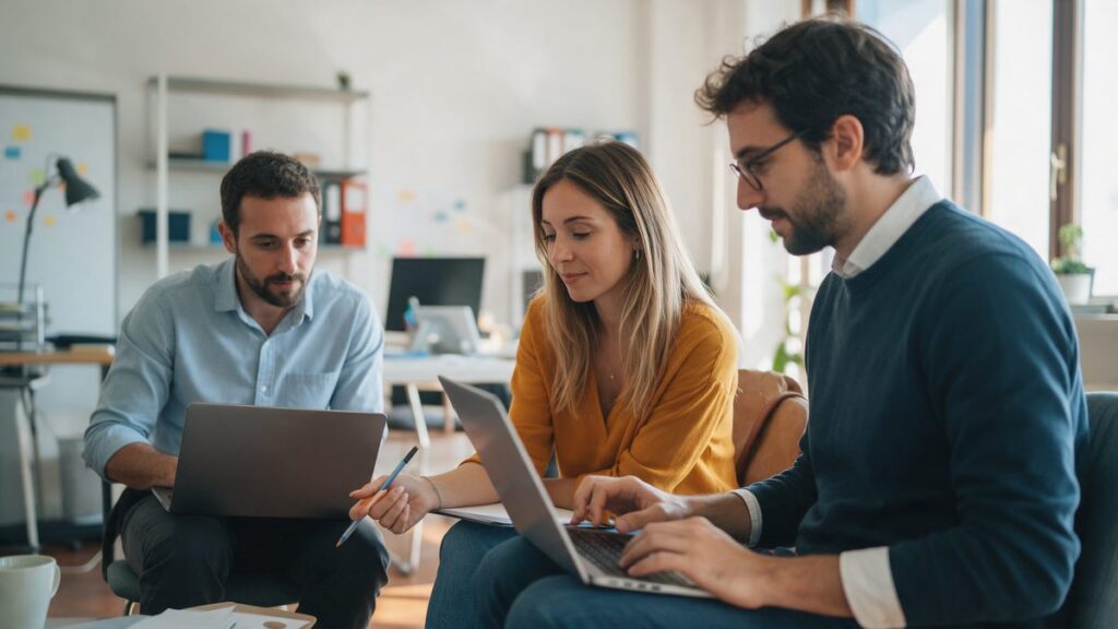 Piccolo team di lavoro in ufficio con i computer che funzionano