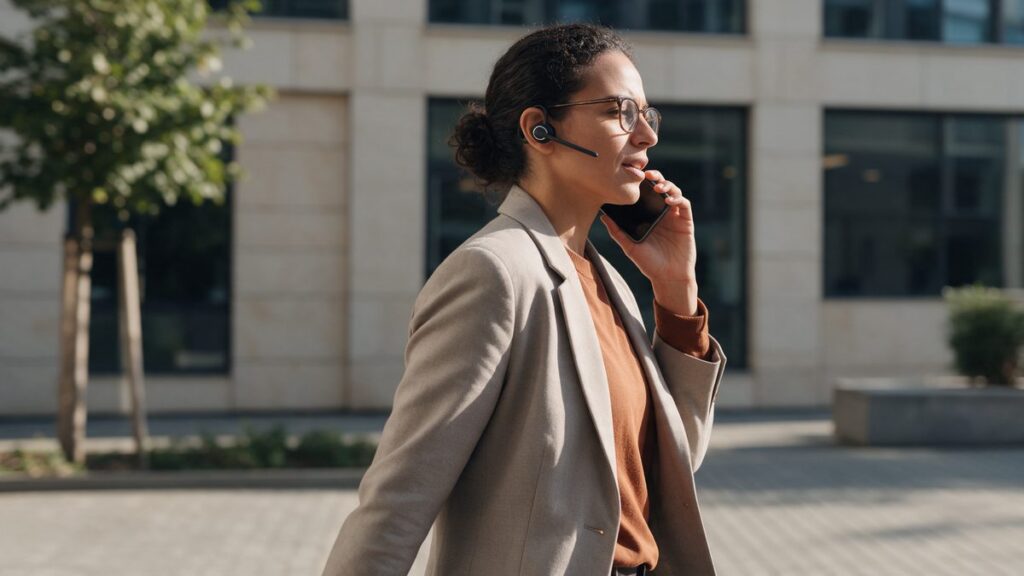Professionista risponde a una chiamata di lavoro dallo smartphone fuori dall'ufficio