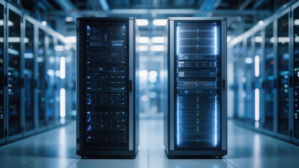 Due armadi server affiancati in un centro dati: sito e posta su sistemi separati